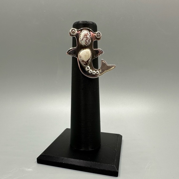 🦈 Wild Horse White Turquoise Shark Adjustable Sterling Silver 925 Ring Handmade - Picture 4 of 9